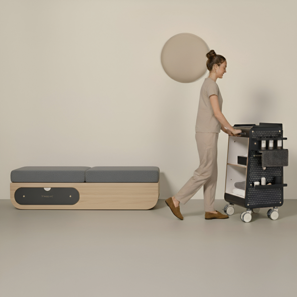 Vrouw verplaatst een verzorgingskar in een moderne ruimte.