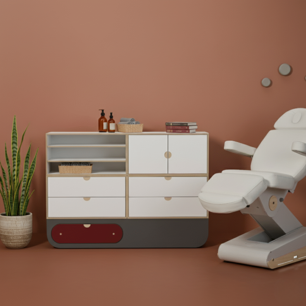 Moderne meubelset met opbergruimte en stoel.