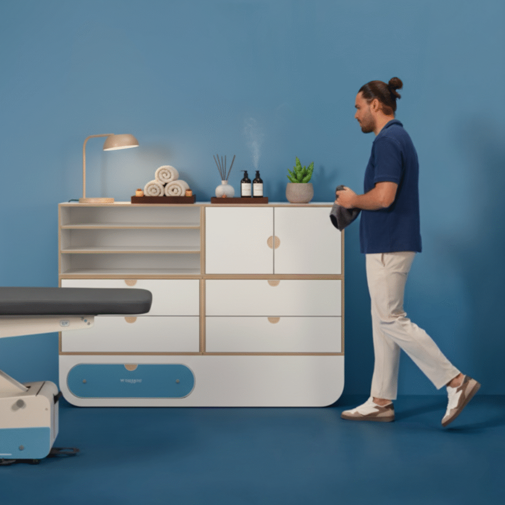 Interieur met moderne kast en man met handdoek.