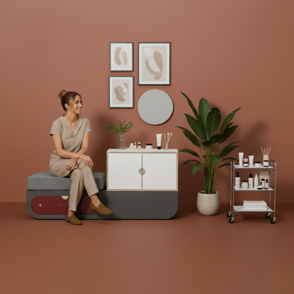 Moderne inrichting met vrouw, planten en verzorgingsproducten