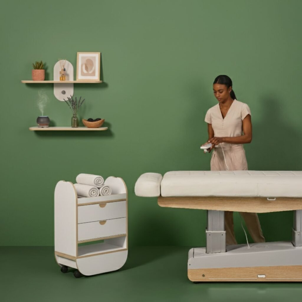 Vrouw in een wellnessruimte met massagetafel.