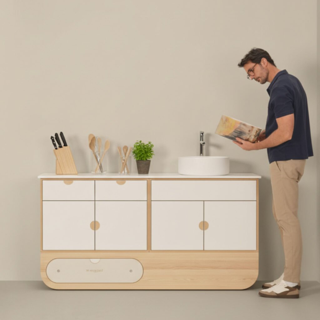 Moderne keukenopstelling met man en keukenaccessoires.